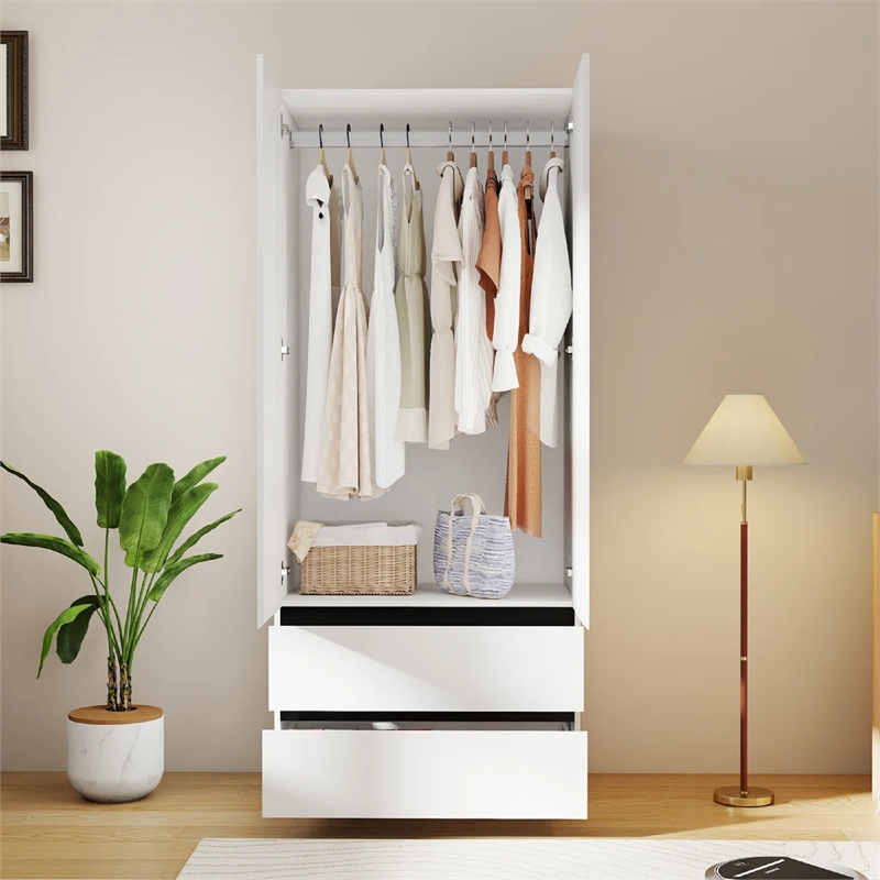Modern Armoire Wardrobe Closet with 2 Doors & 2 Drawers White