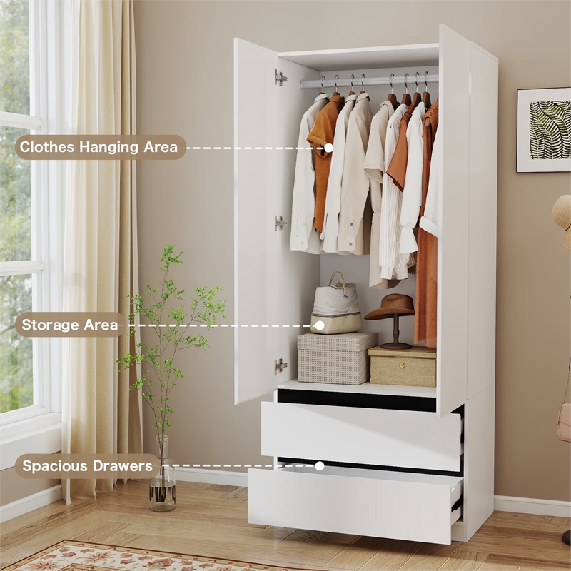 Modern Armoire Wardrobe Closet with 2 Doors & 2 Drawers White
