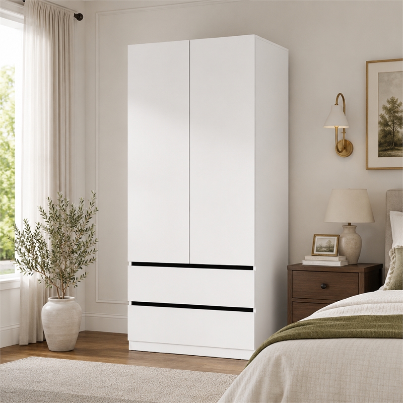 Modern Armoire Wardrobe Closet with 2 Doors & 2 Drawers White
