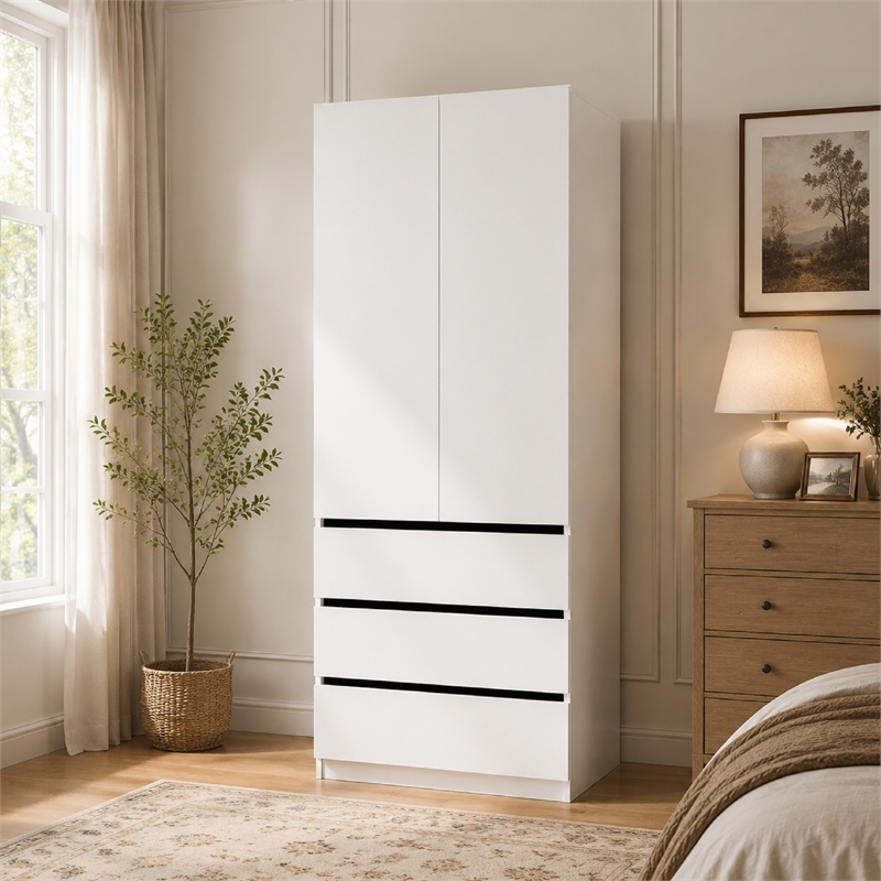 Armoire Wardrobe Closet with 3 Drawers & Hanging Rod White