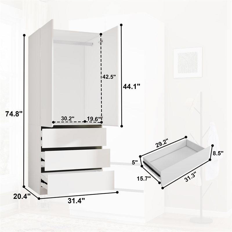 Armoire Wardrobe Closet with 3 Drawers & Hanging Rod White