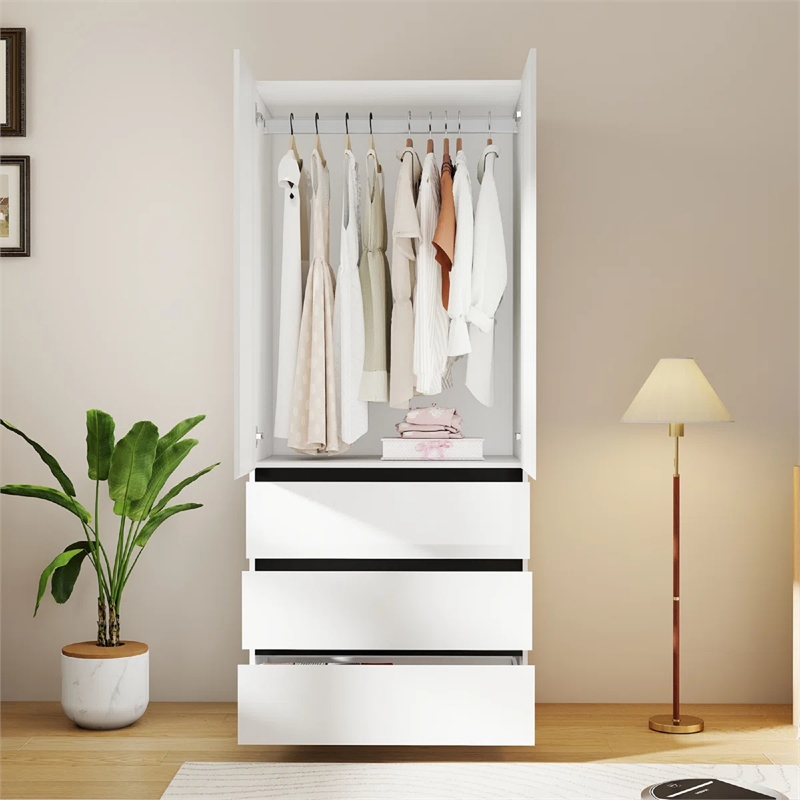 Armoire Wardrobe Closet with 3 Drawers & Hanging Rod White