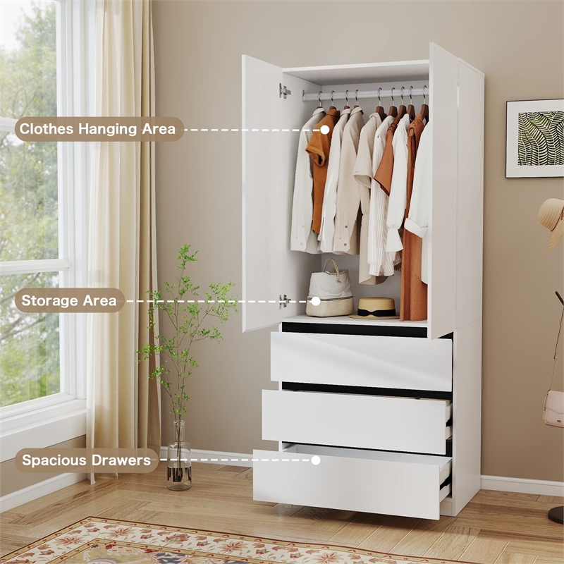 Armoire Wardrobe Closet with 3 Drawers & Hanging Rod White