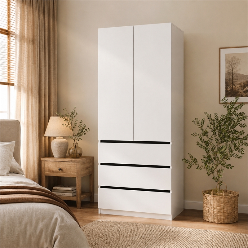 Armoire Wardrobe Closet with 3 Drawers & Hanging Rod White