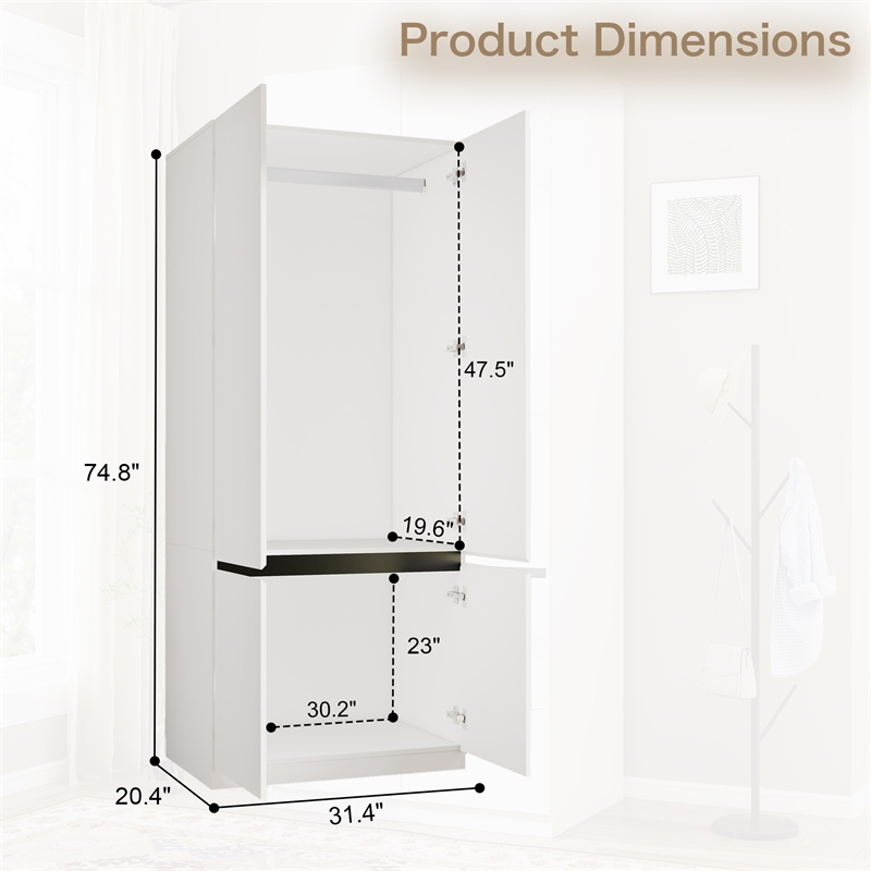 Modern Wardrobe Armoire with Hanging Rod for Bedroom White
