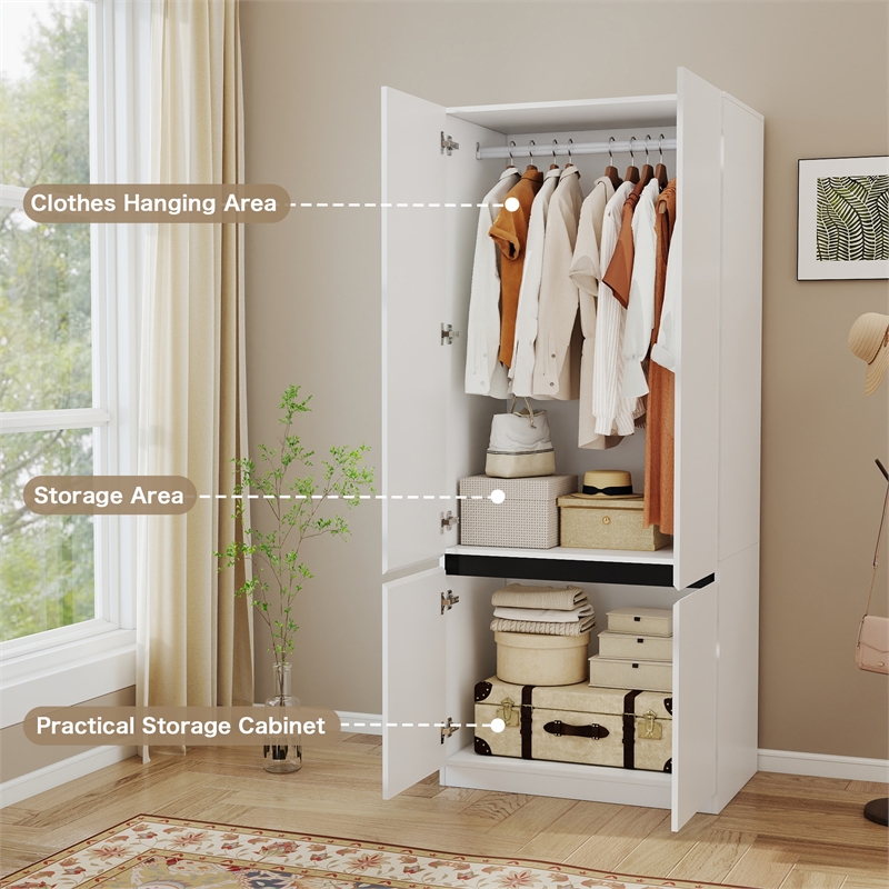 Modern Wardrobe Armoire with Hanging Rod for Bedroom White