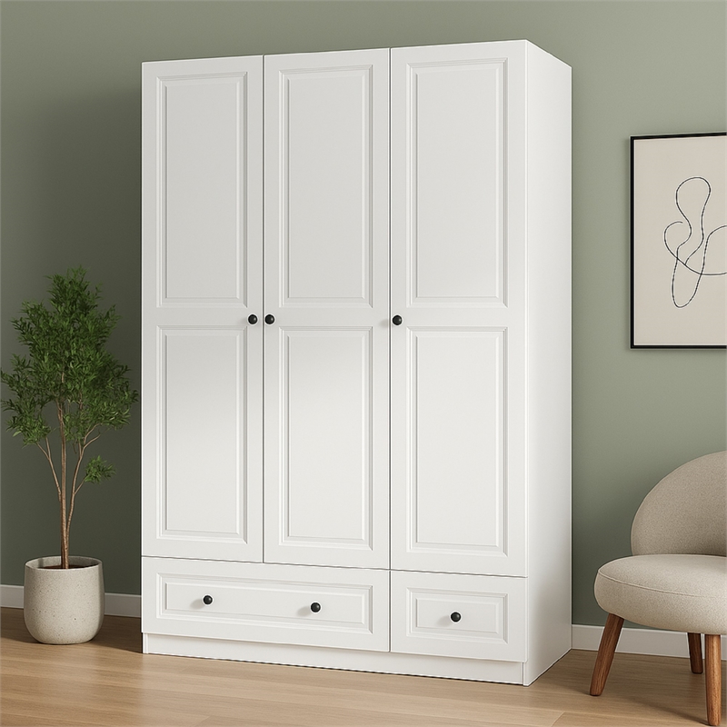 Modern 3-Door Wardrobe Armoire with 2 Drawers & Hanging Rods White