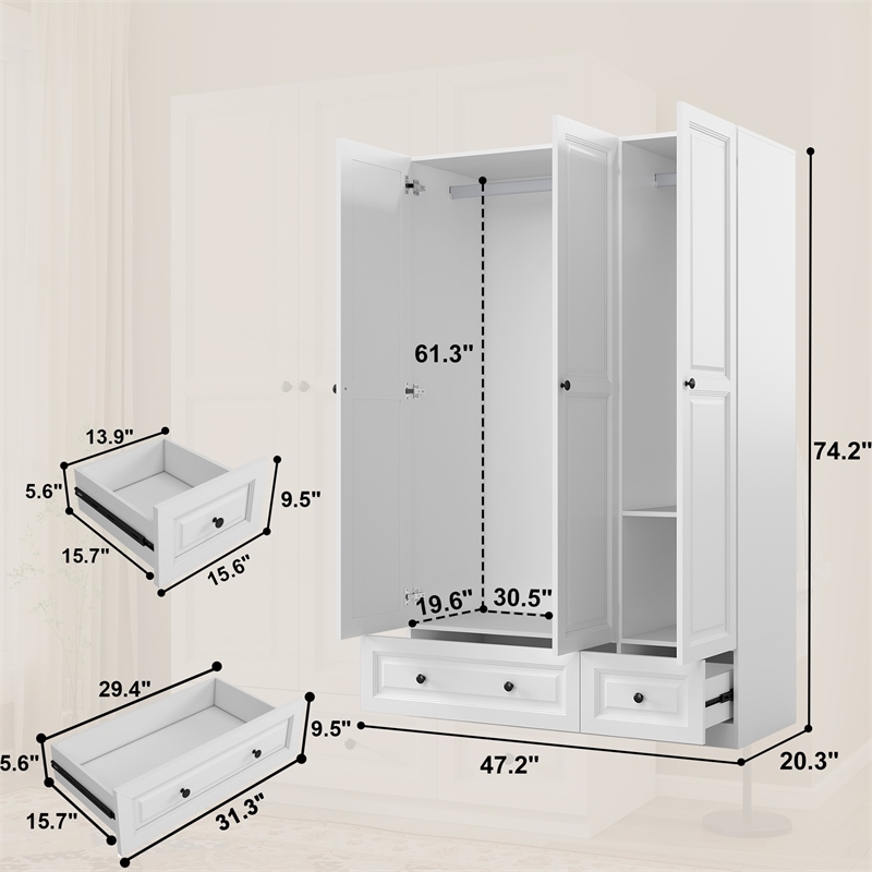 Modern 3-Door Wardrobe Armoire with 2 Drawers & Hanging Rods White