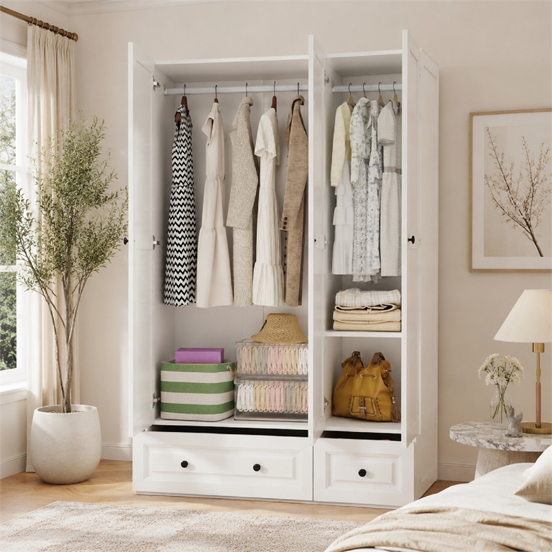 Modern 3-Door Wardrobe Armoire with 2 Drawers & Hanging Rods White