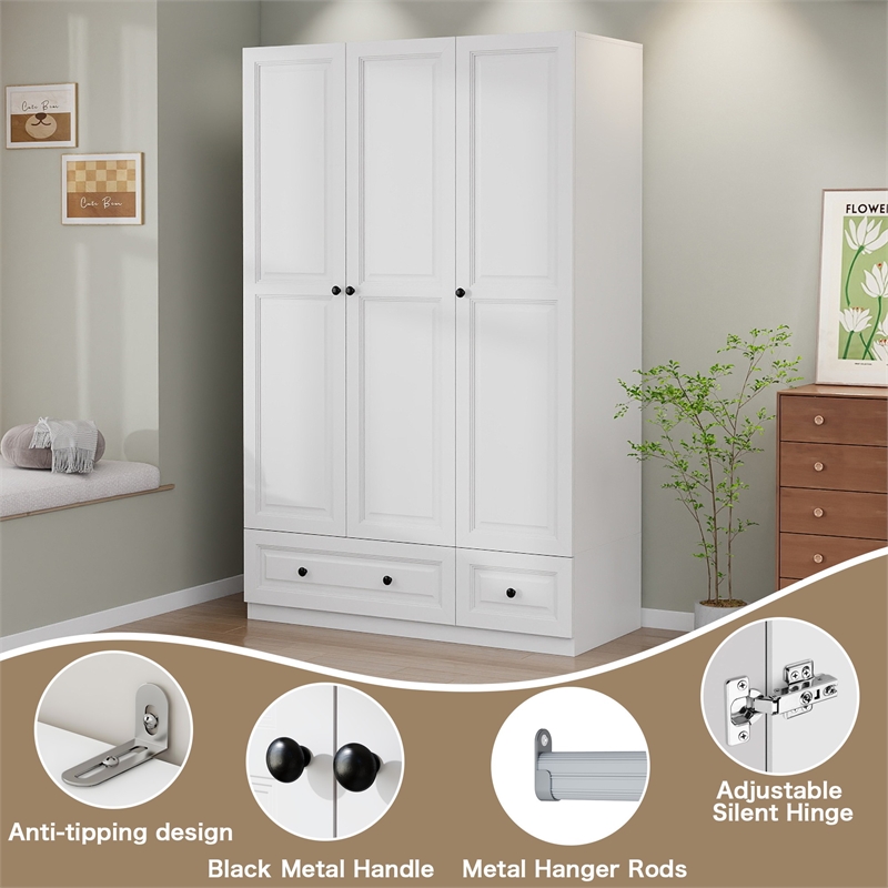 Modern 3-Door Wardrobe Armoire with 2 Drawers & Hanging Rods White