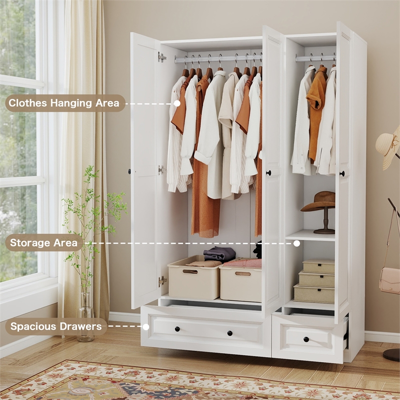 Modern 3-Door Wardrobe Armoire with 2 Drawers & Hanging Rods White