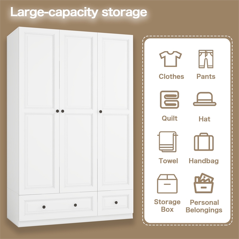 Modern 3-Door Wardrobe Armoire with 2 Drawers & Hanging Rods White