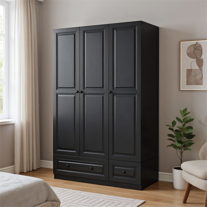 3-Door Wardrobe Armoire with 2 Drawers & Hanging Rods Black