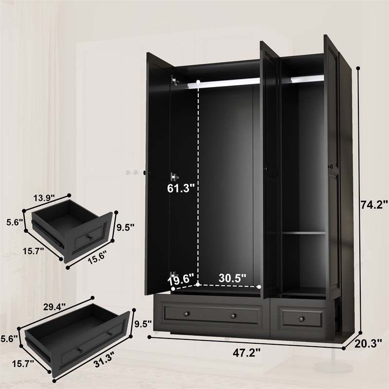3-Door Wardrobe Armoire with 2 Drawers & Hanging Rods Black