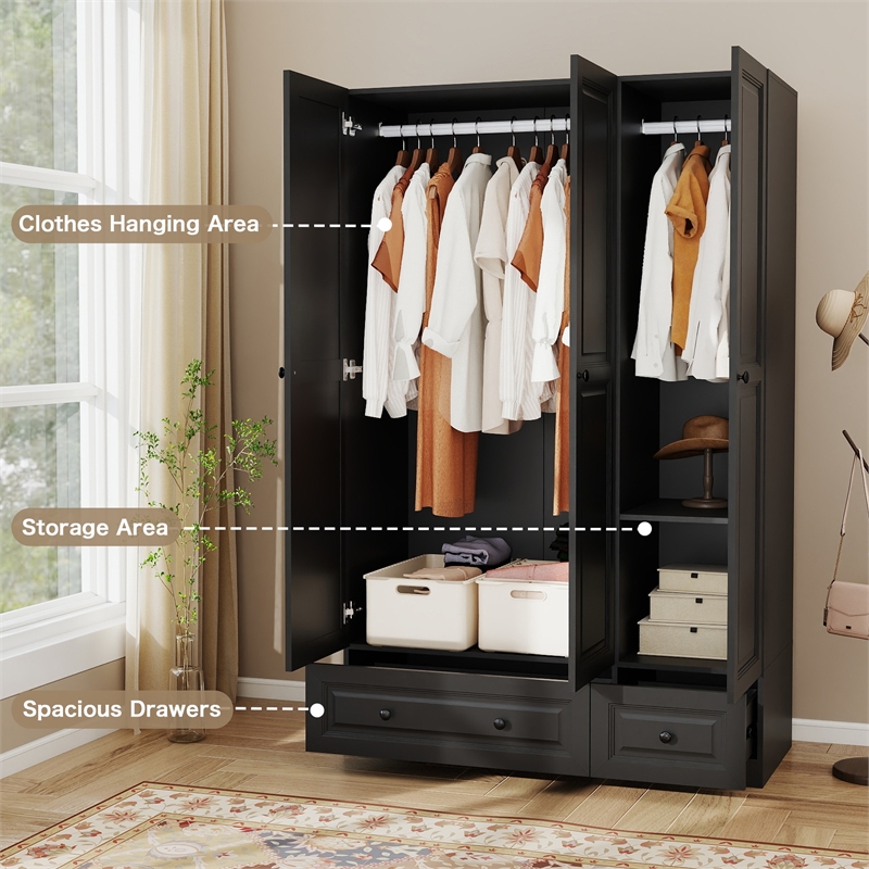 3-Door Wardrobe Armoire with 2 Drawers & Hanging Rods Black