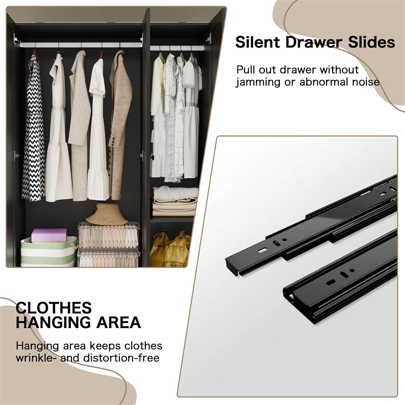 3-Door Wardrobe Armoire with 2 Drawers & Hanging Rods Black