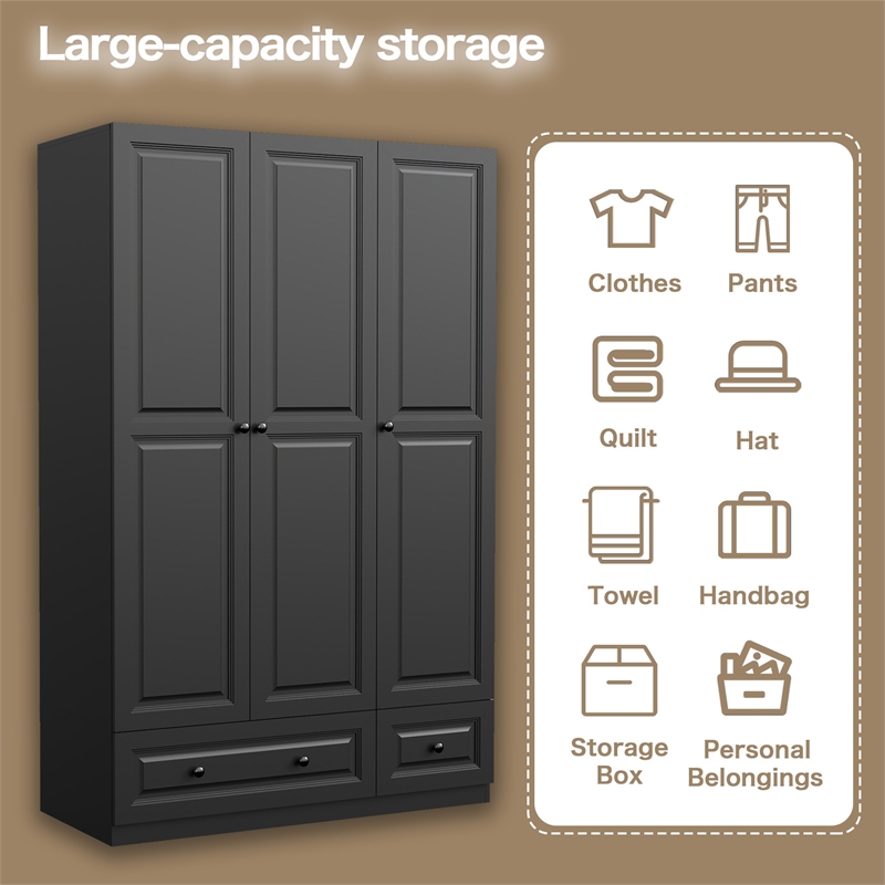 3-Door Wardrobe Armoire with 2 Drawers & Hanging Rods Black