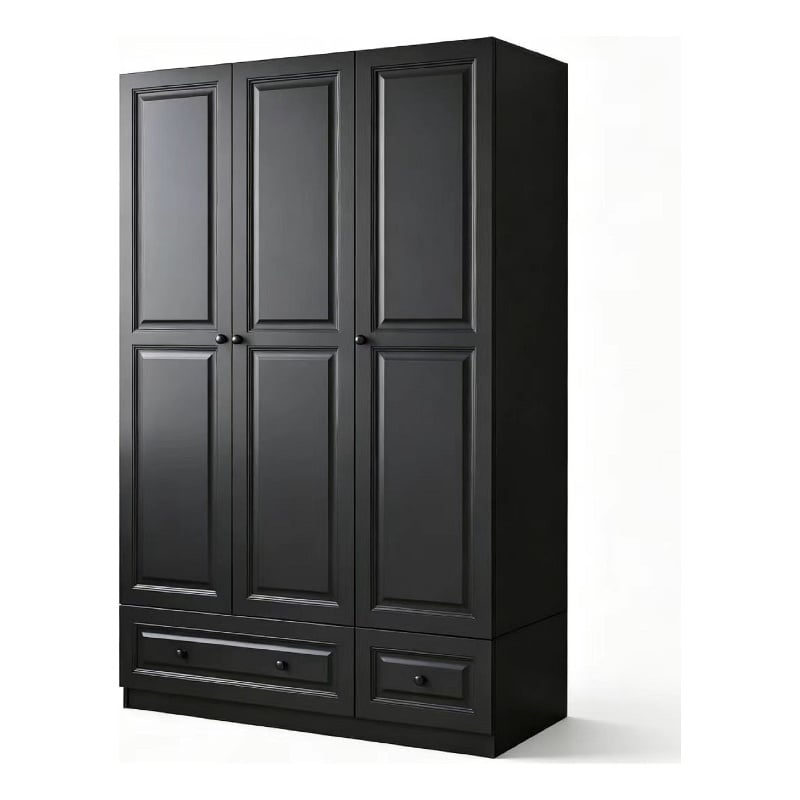 3-Door Wardrobe Armoire with 2 Drawers & Hanging Rods Black
