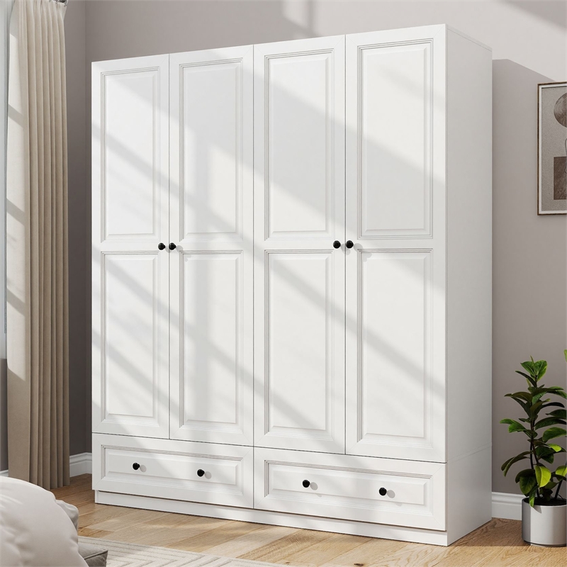 Modern Large Wardrobe Armoire with 4 Doors & 2 Drawers White