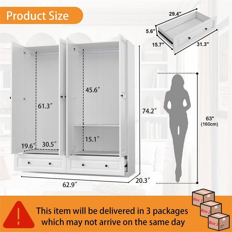 Modern Large Wardrobe Armoire with 4 Doors & 2 Drawers White