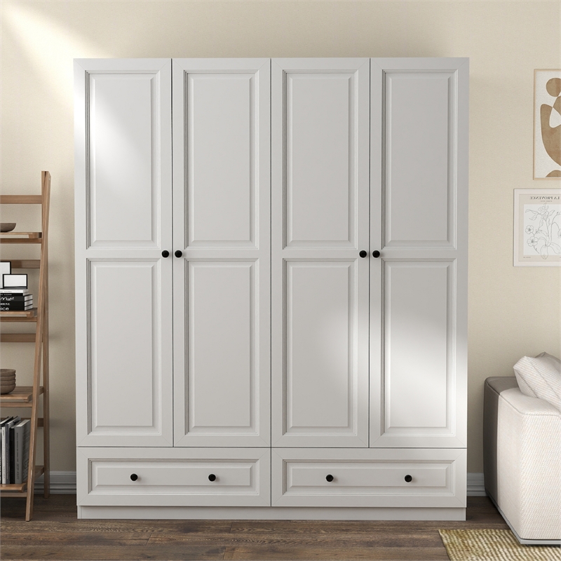Modern Large Wardrobe Armoire with 4 Doors & 2 Drawers White