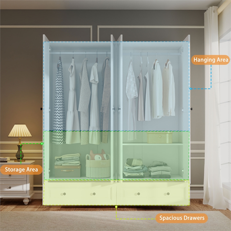 Modern Large Wardrobe Armoire with 4 Doors & 2 Drawers White