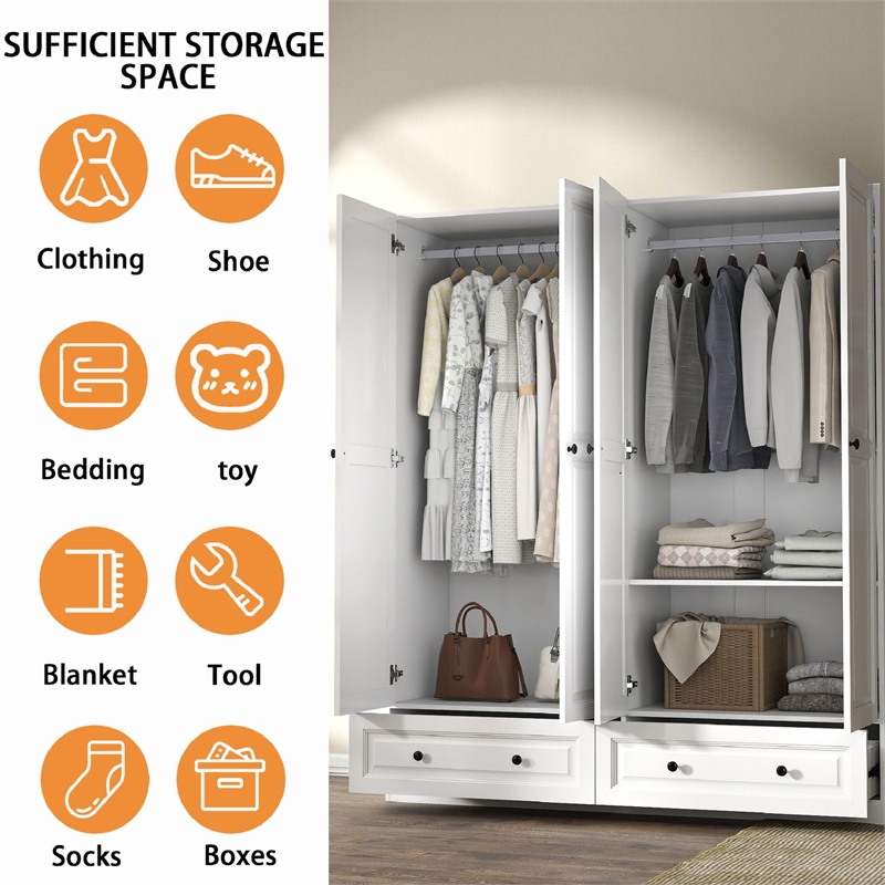 Modern Large Wardrobe Armoire with 4 Doors & 2 Drawers White