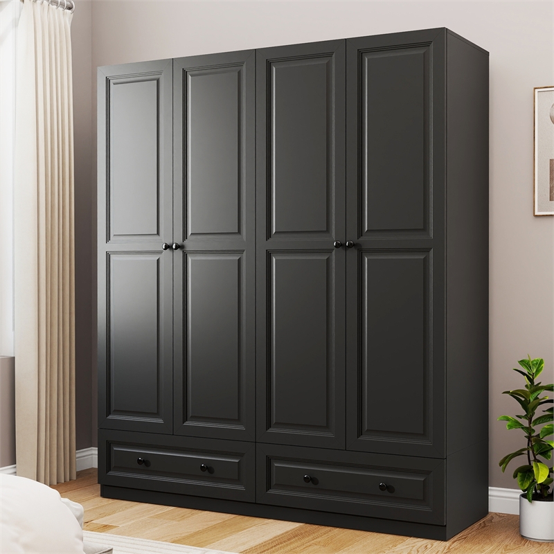 Modern Large Wardrobe Armoire with 4 Doors & 2 Drawers Black