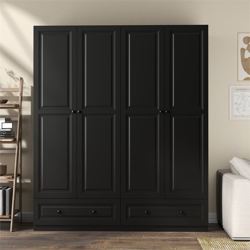 Modern Large Wardrobe Armoire with 4 Doors & 2 Drawers Black