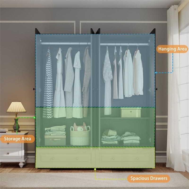 Modern Large Wardrobe Armoire with 4 Doors & 2 Drawers Black