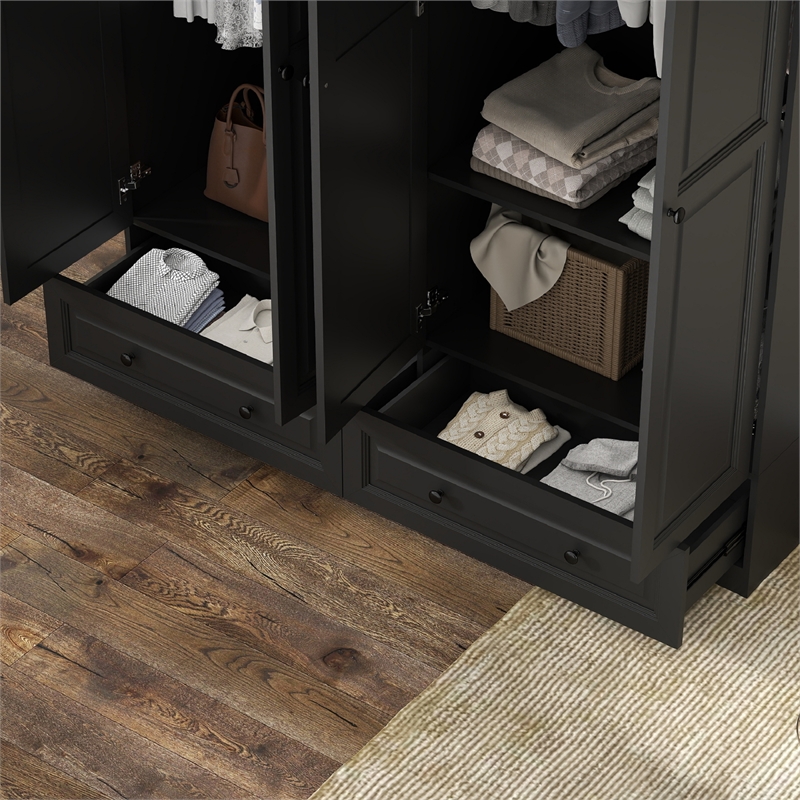 Modern Large Wardrobe Armoire with 4 Doors & 2 Drawers Black