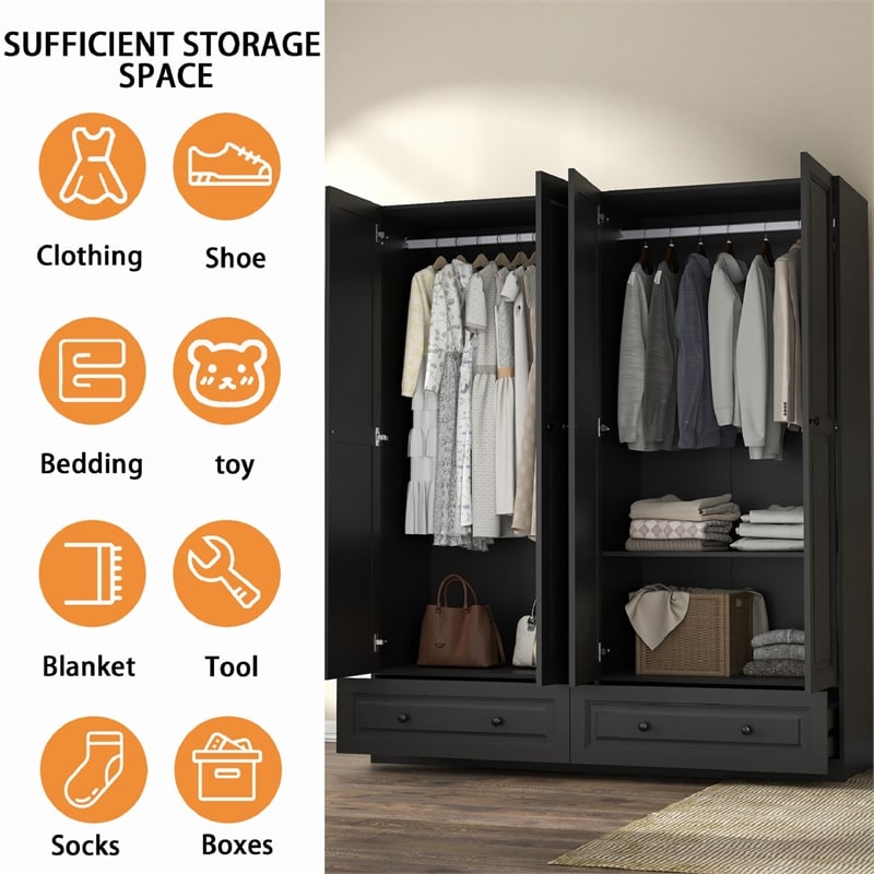Modern Large Wardrobe Armoire with 4 Doors & 2 Drawers Black