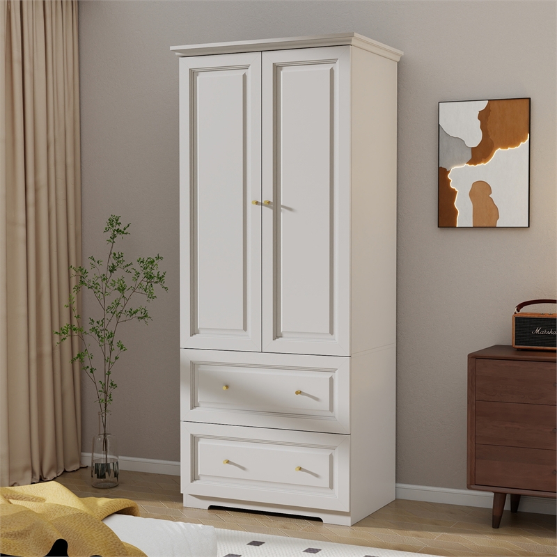 Modern Armoire Closet with 2 Doors 2 Drawers & Hanging Rod White