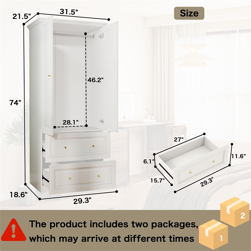 Modern Armoire Closet with 2 Doors 2 Drawers & Hanging Rod White
