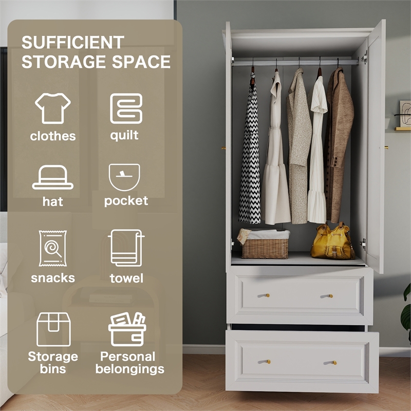 Modern Armoire Closet with 2 Doors 2 Drawers & Hanging Rod White