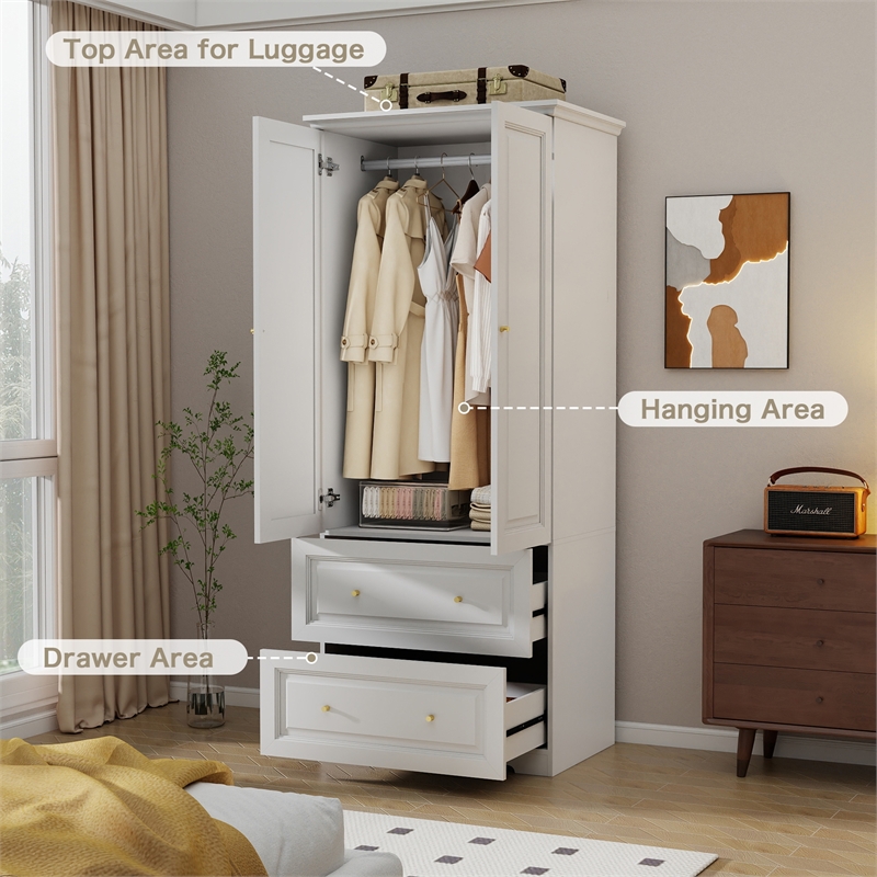 Modern Armoire Closet with 2 Doors 2 Drawers & Hanging Rod White