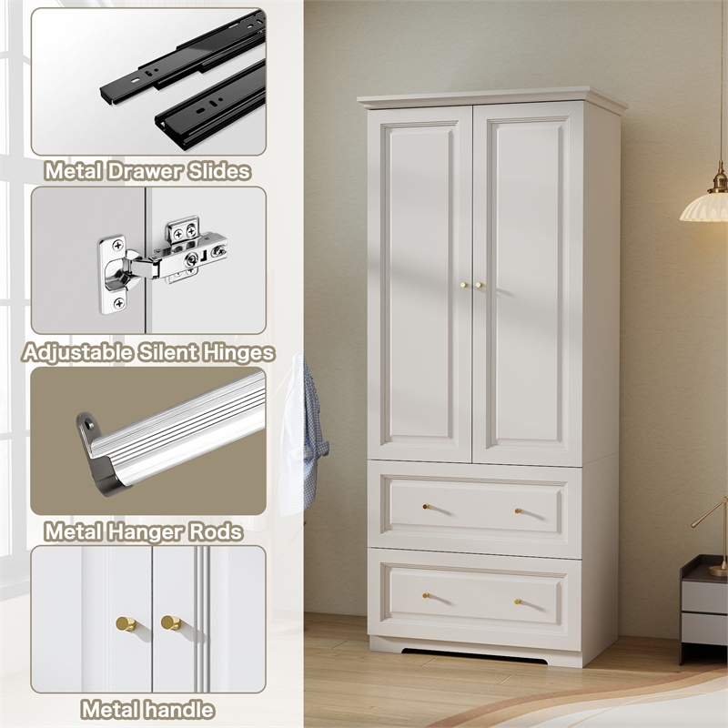 Modern Armoire Closet with 2 Doors 2 Drawers & Hanging Rod White