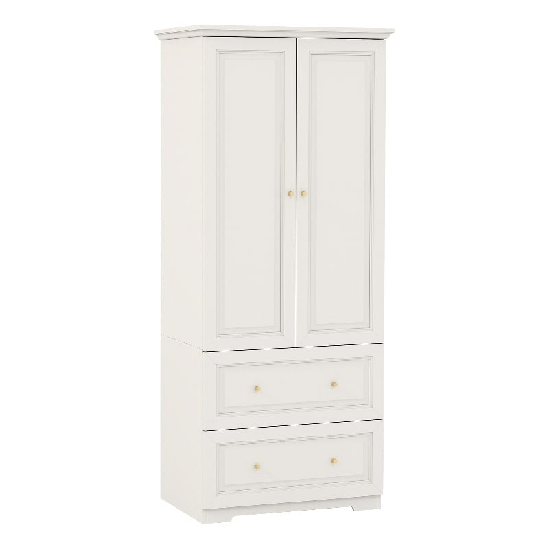 Modern Armoire Closet with 2 Doors 2 Drawers & Hanging Rod White