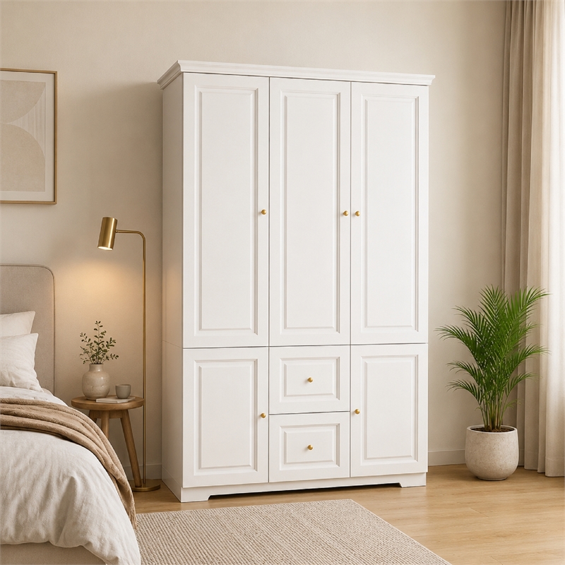 Wardrobe Closet with Hanging Rods & Drawers White