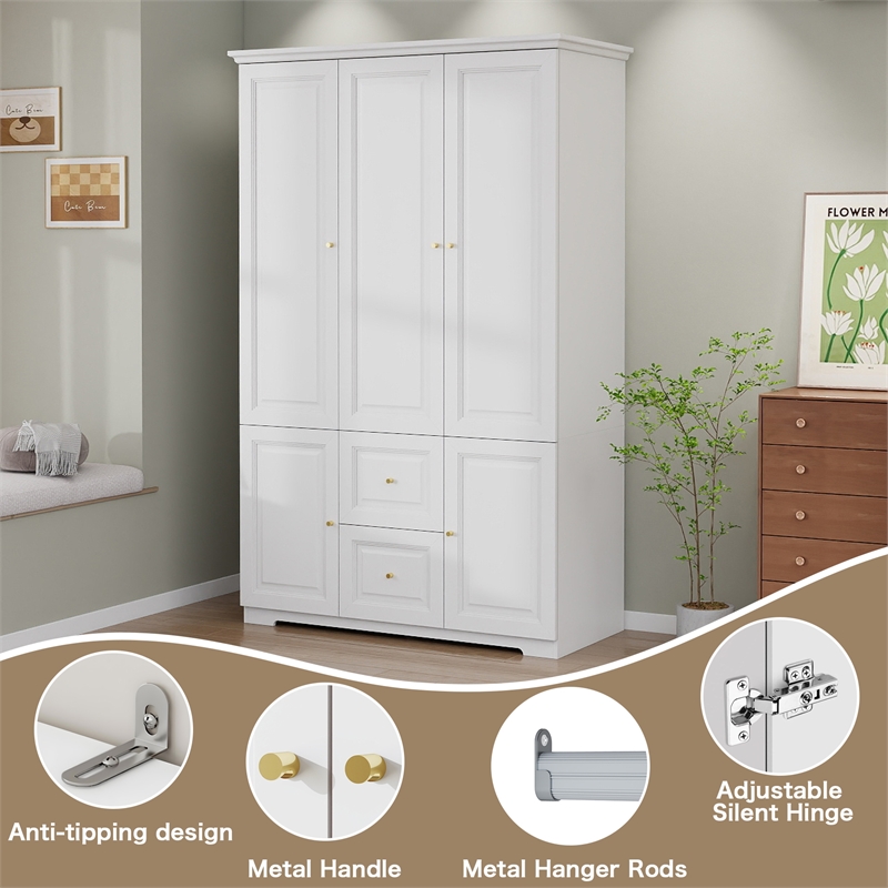 Wardrobe Closet with Hanging Rods & Drawers White
