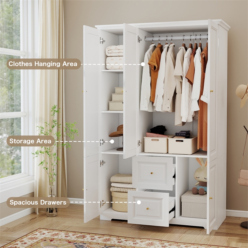 Wardrobe Closet with Hanging Rods & Drawers White