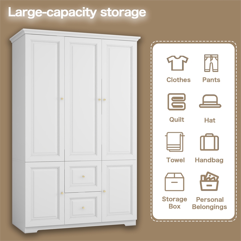 Wardrobe Closet with Hanging Rods & Drawers White