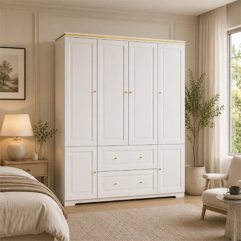 Large Armoire Closet with Hanging Rod & Storage Shelves White