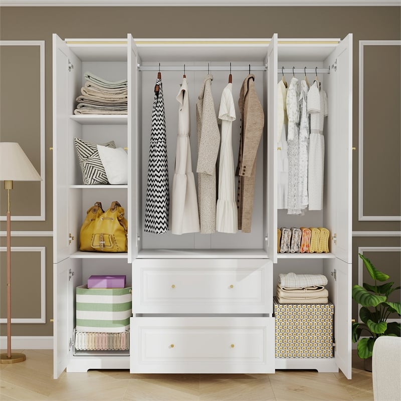Large Armoire Closet with Hanging Rod & Storage Shelves White