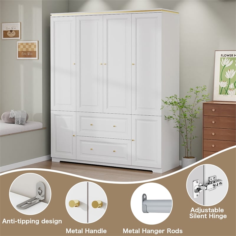 Large Armoire Closet with Hanging Rod & Storage Shelves White