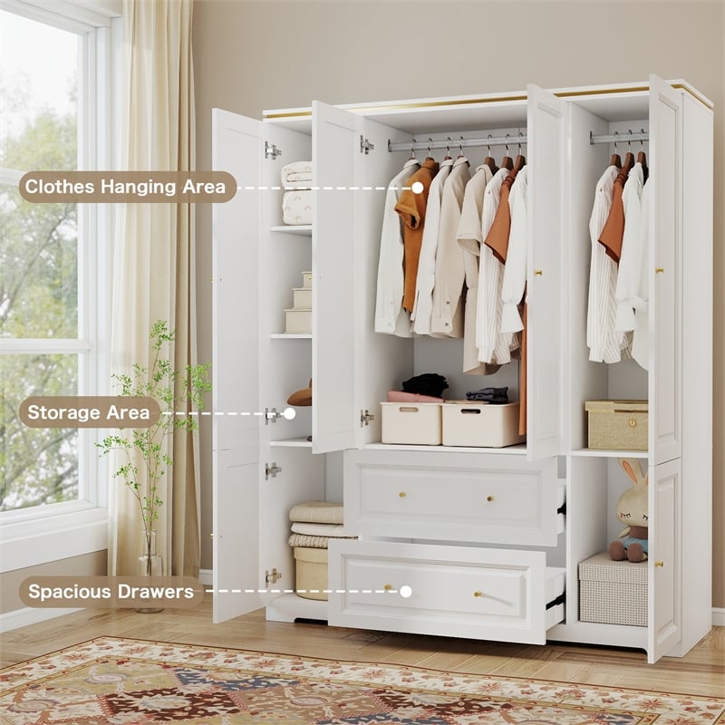 Large Armoire Closet with Hanging Rod & Storage Shelves White