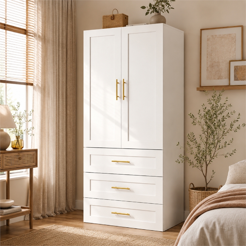 Armoire Wardrobe Closet with 3 Drawers & Hanging Rod White
