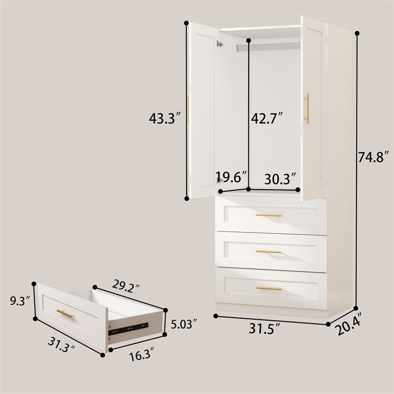 Armoire Wardrobe Closet with 3 Drawers & Hanging Rod White