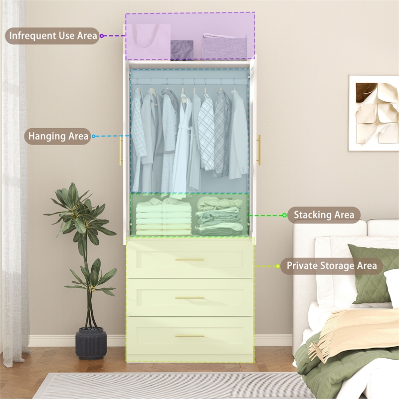 Armoire Wardrobe Closet with 3 Drawers & Hanging Rod White