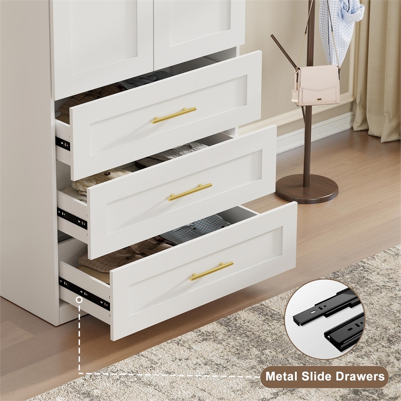 Armoire Wardrobe Closet with 3 Drawers & Hanging Rod White
